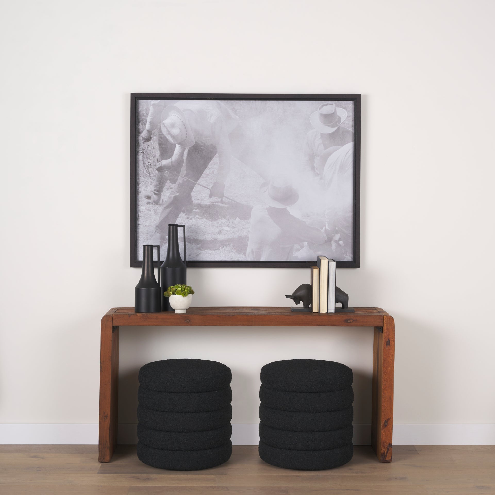 Profile view of the Estelle Rustic Brown Reclaimed Wood Console Table.