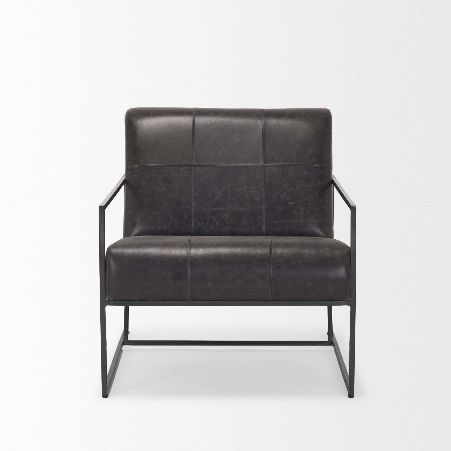 Stratton Gunmetal w/ Genuine Aged Black Leather Upholstered Accent Chair shown from another angle.