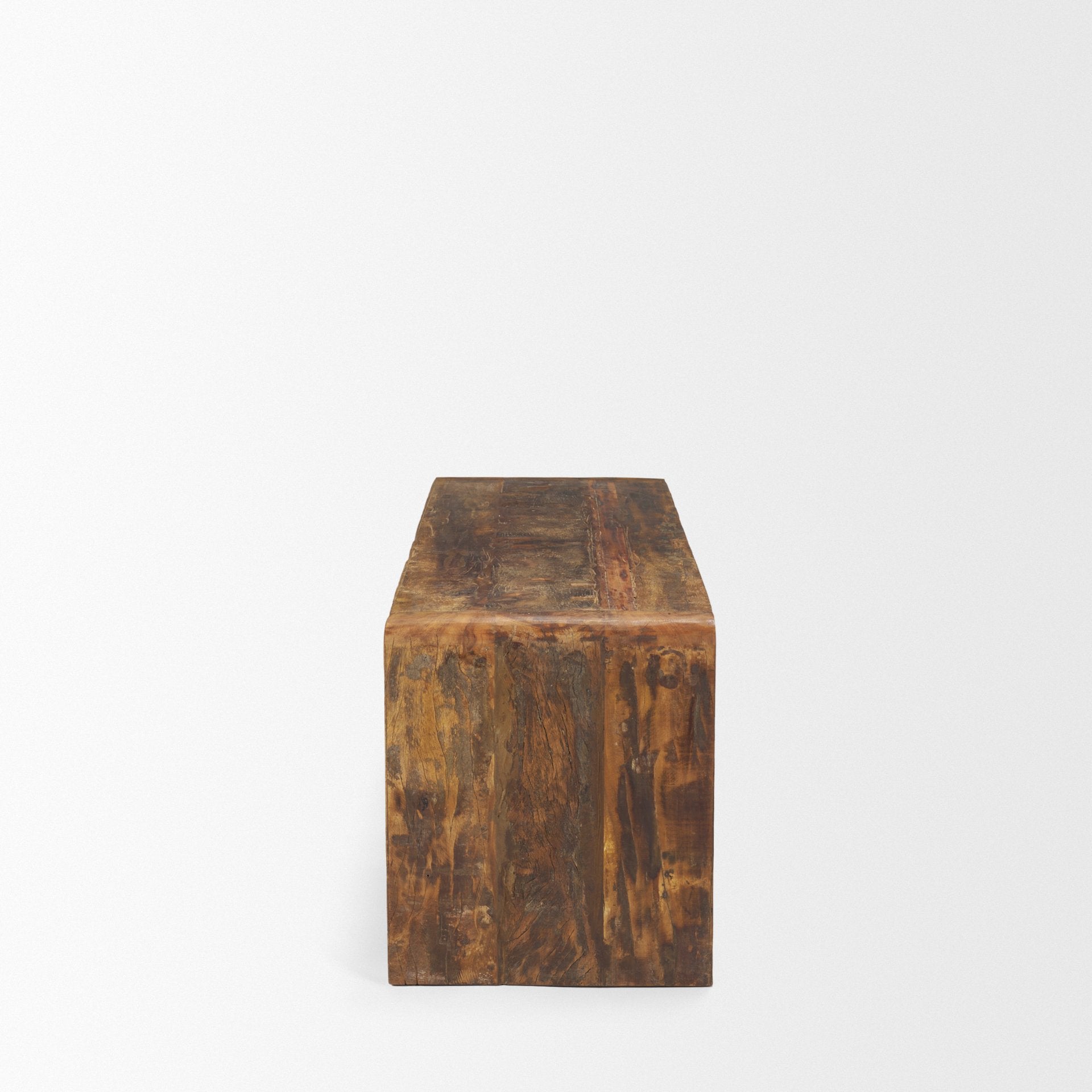 Estelle Rustic Brown Reclaimed Wood Bench shown from a different angle to reveal its silhouette.