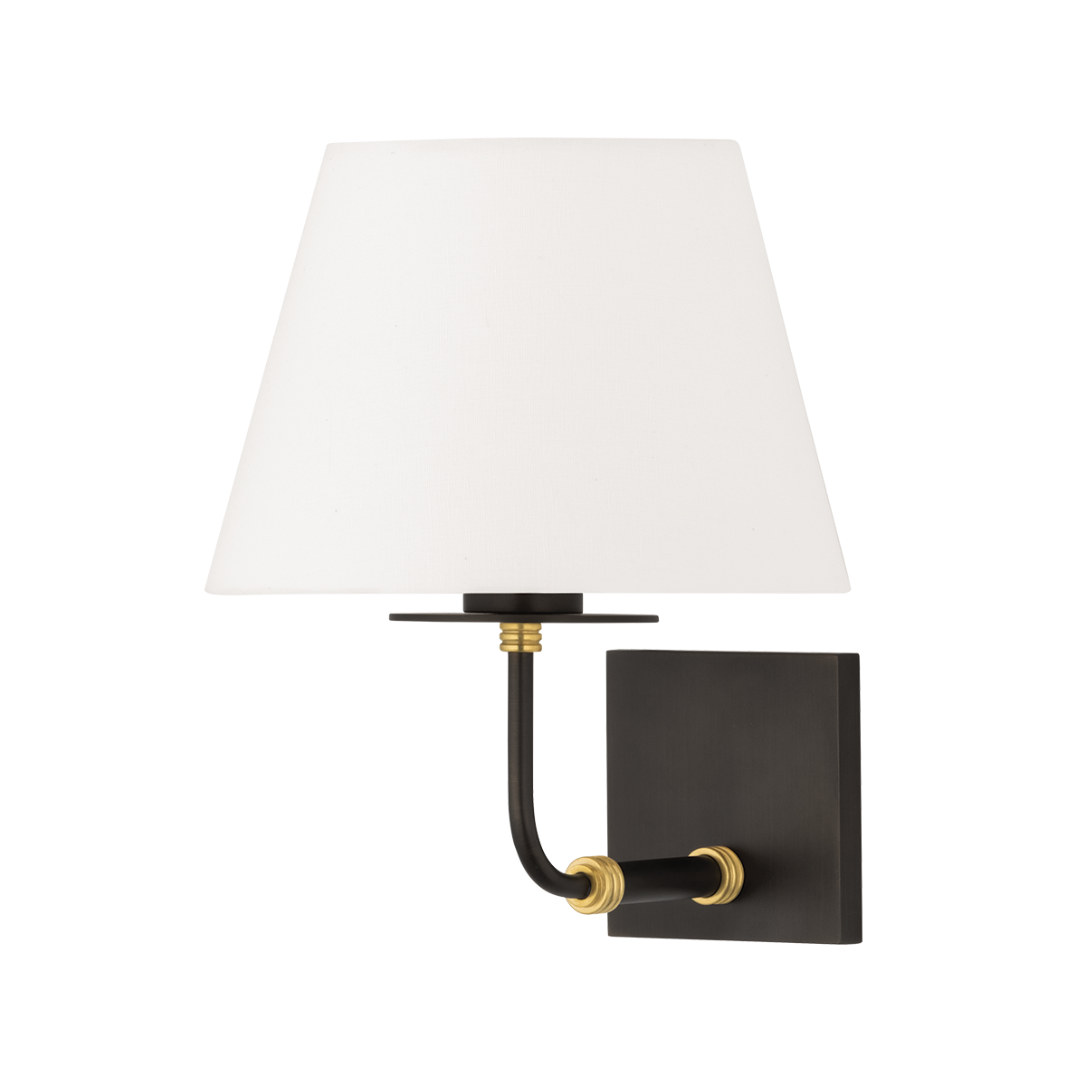 Crown Heights Wall Sconce in aged brass shown from a second angle to highlight the arm curve and shade silhouette.