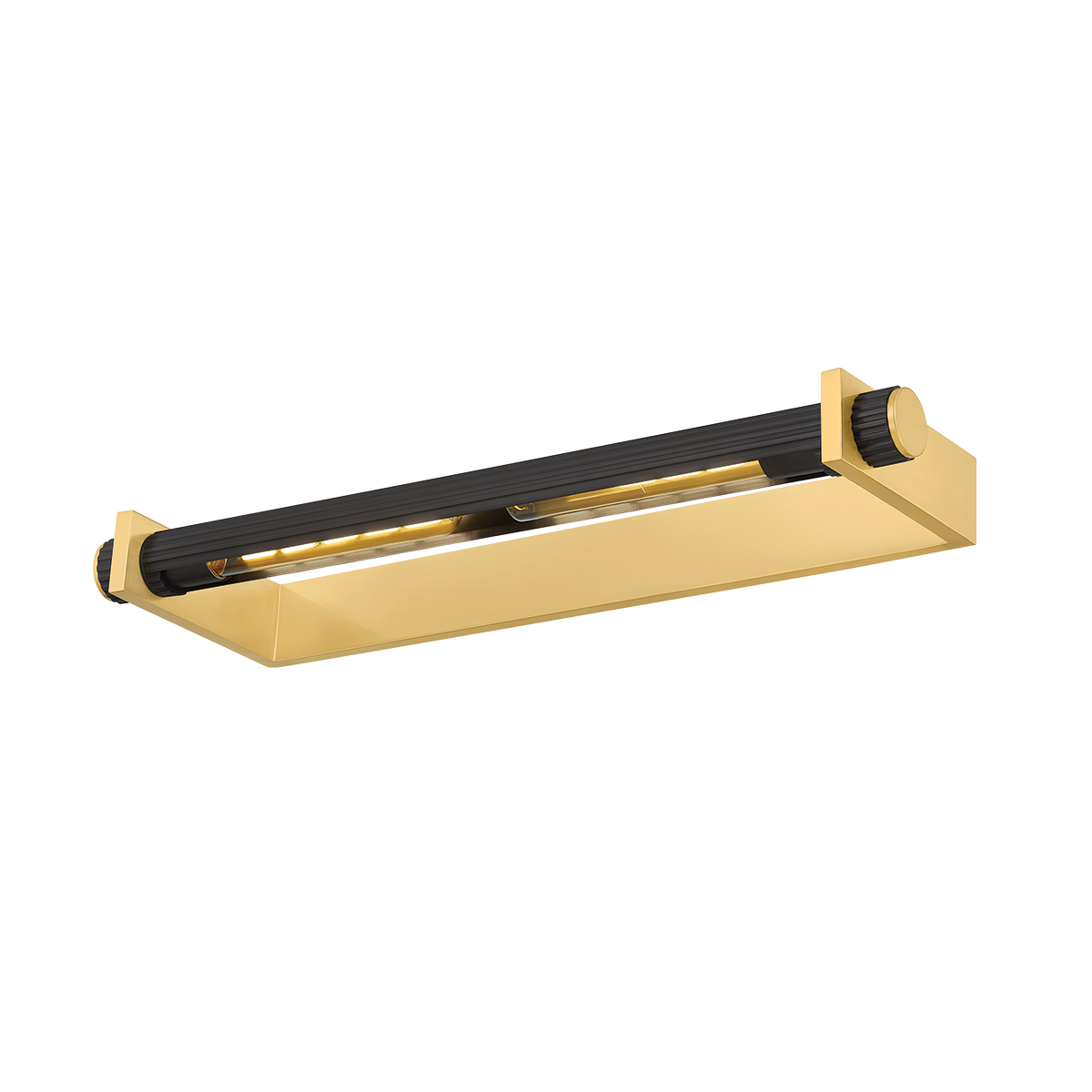Judd Picture Light 26.5" in aged brass shown from a second angle to highlight the arm curve and shade proportion.