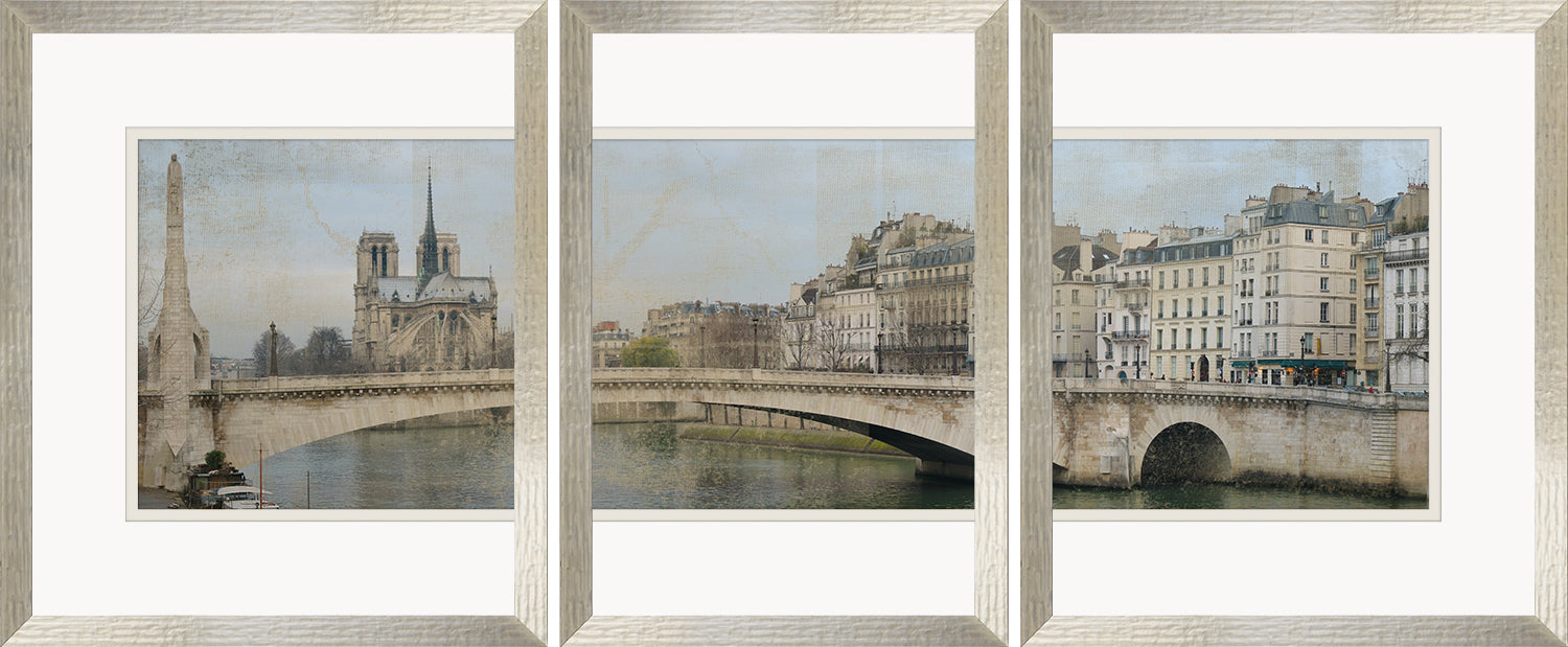 Panorama of Paris wall art featuring Notre-Dame and a bridge over the Seine River, in soft colors.