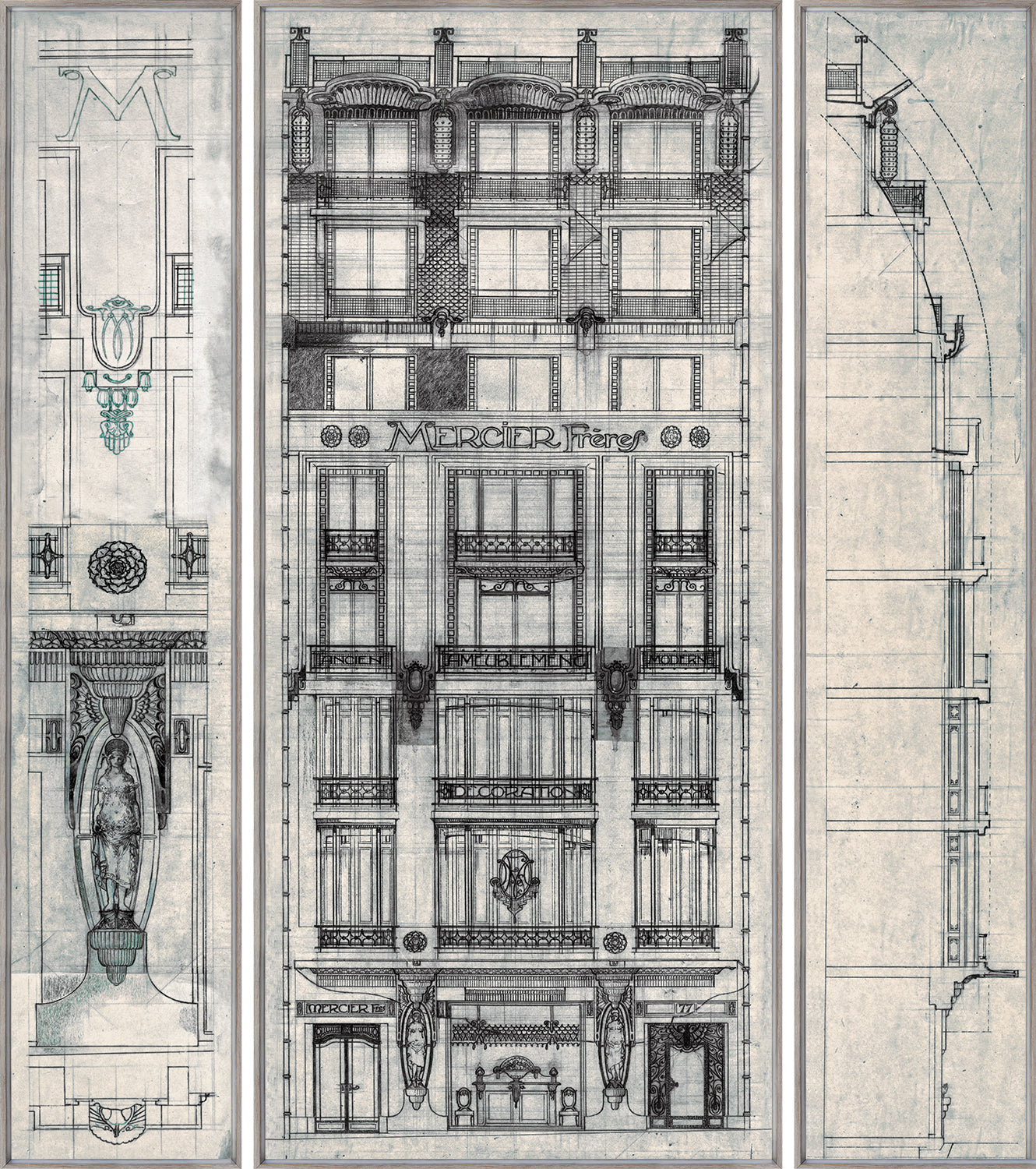 Mercier Freres – Triptych — architecture and travel fine art print in neutral tones at Laurie Yapp Home