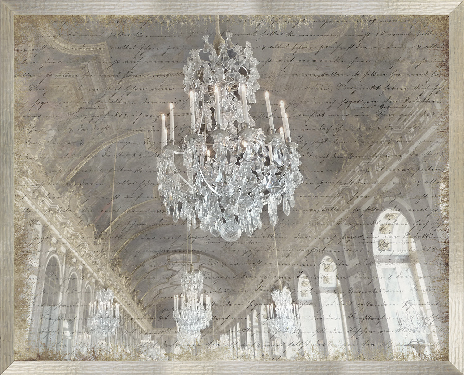 Hall Of Mirrors wall art featuring a chandelier and vintage script background
