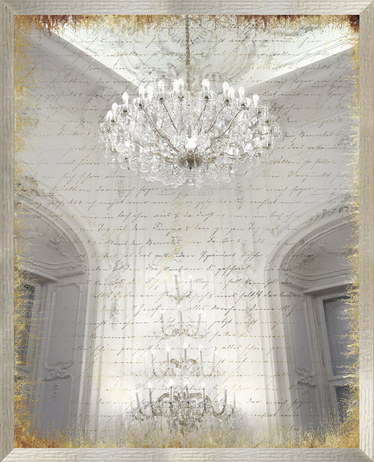 Scripted Chandelier featuring a crystal chandelier against a textured background with handwritten script and a gold border.