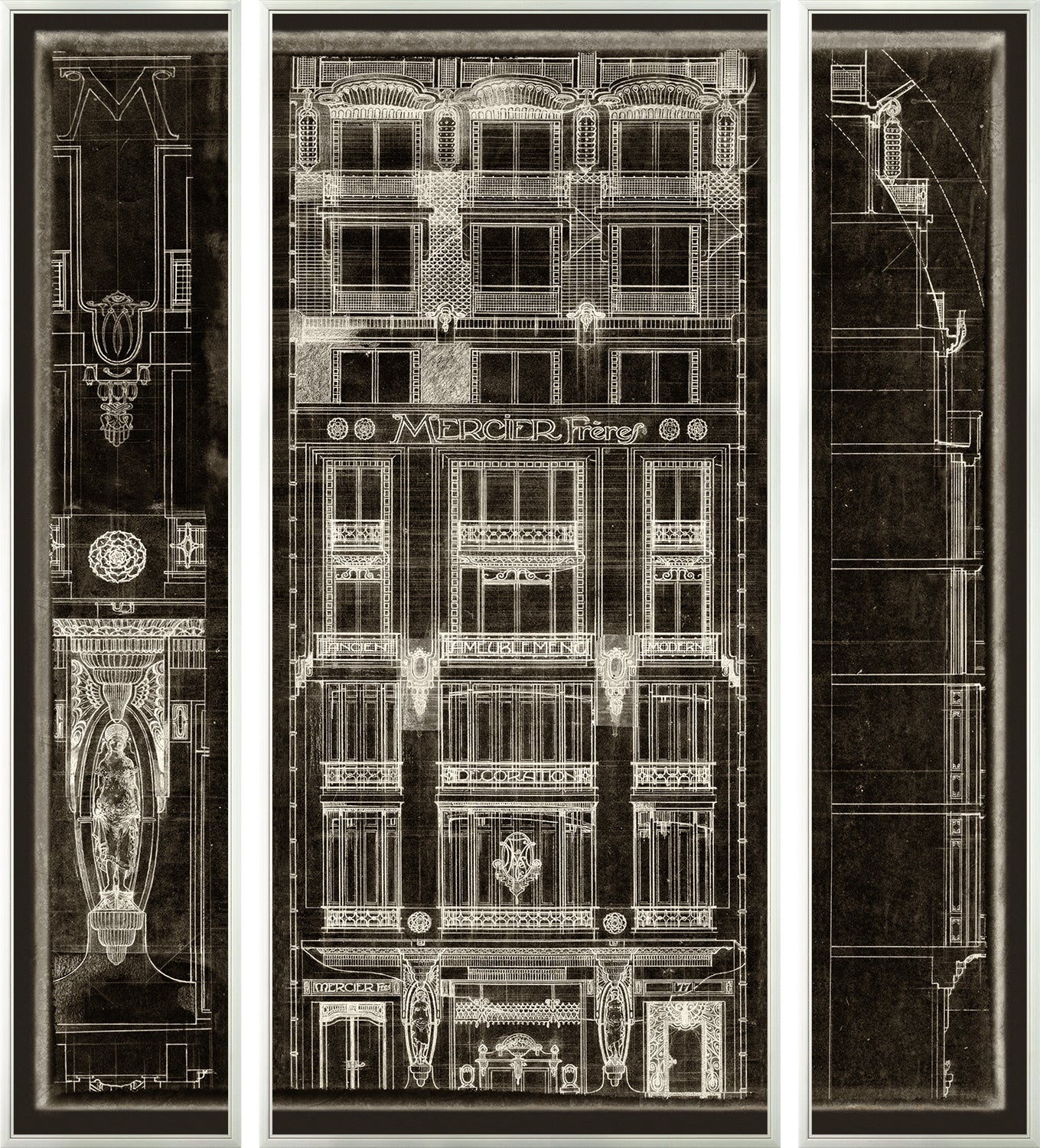 Mercier Freres Triptych wall art featuring architectural designs in white on a dark background