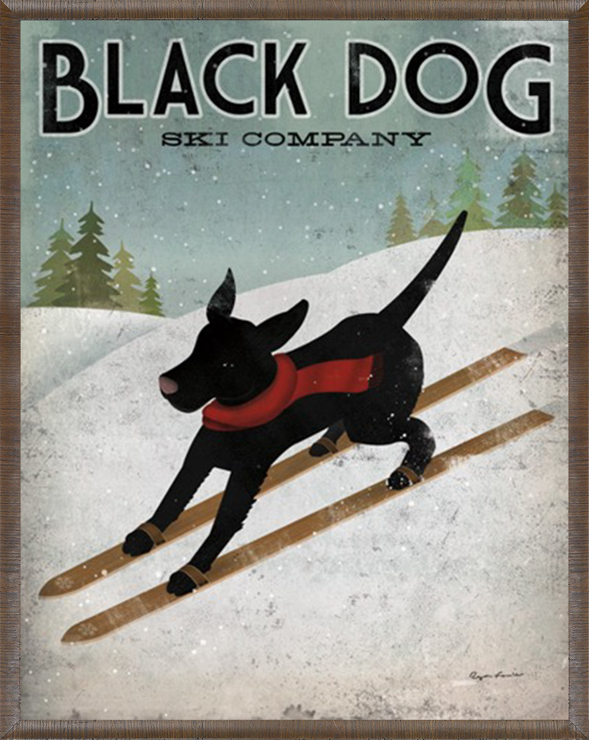 Black Dog Ski wall art featuring a black dog on skis with a red scarf in a snowy landscape