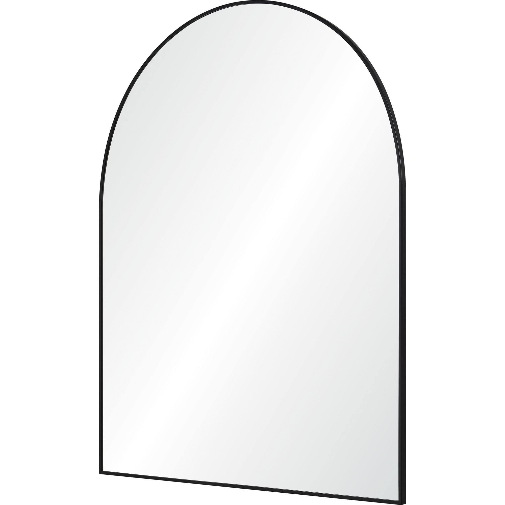 Lamia mirror by Renwil with an arched top and black frame, reflecting light.