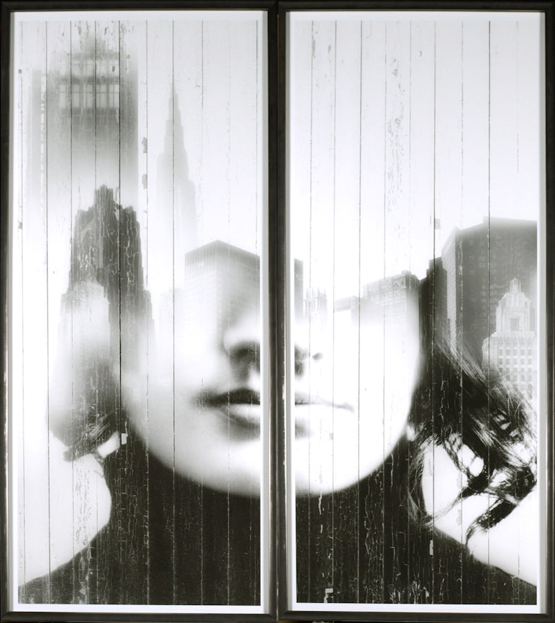 Urban Dreams diptych wall art featuring two abstract portraits with cityscape reflections in black and white.