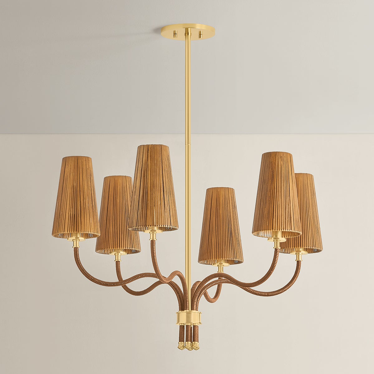 Atwood Chandelier 30" in aged brass shown from the front to reveal the frame, arms, and shade detail.