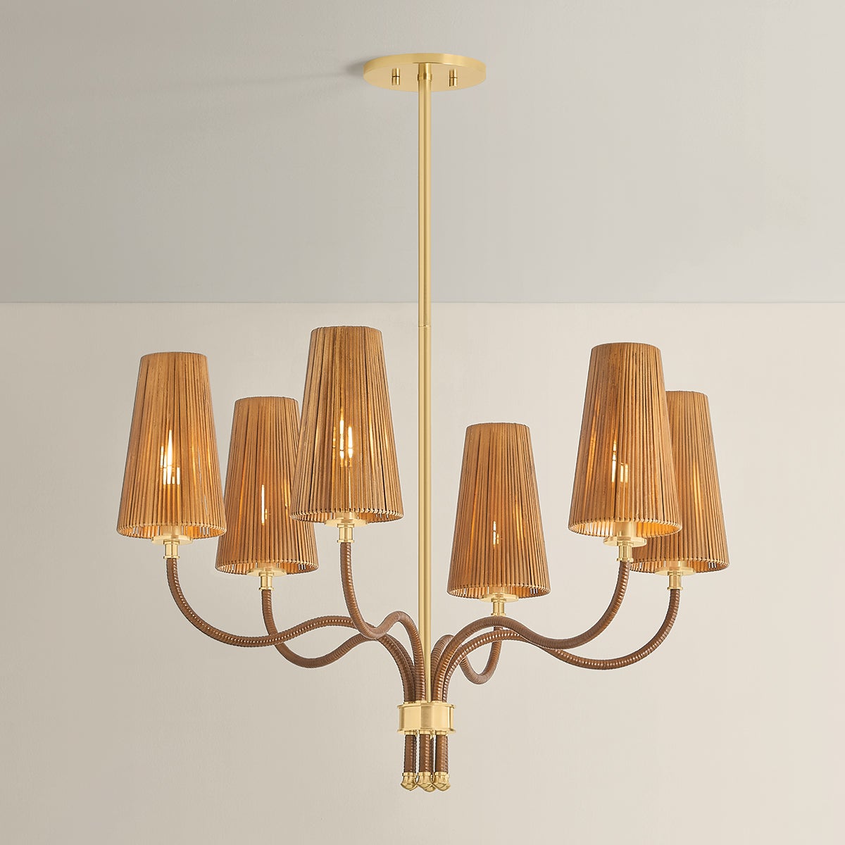 Close-up of the Atwood Chandelier 30" in aged brass showing the frame, arms, and shade detail.