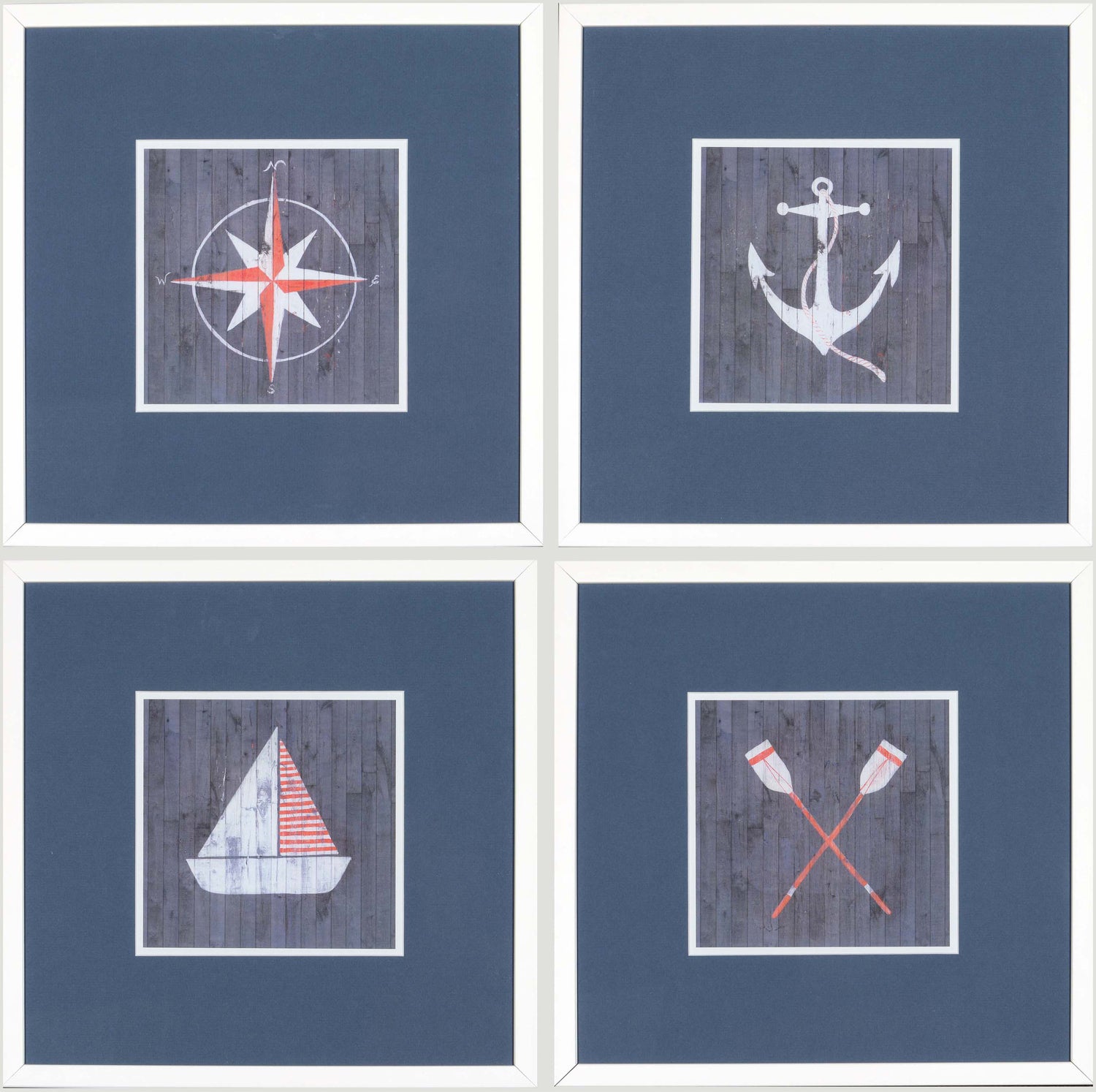 Nautical Series S/4 wall art featuring compass, anchor, sailboat, and oars on a blue background.