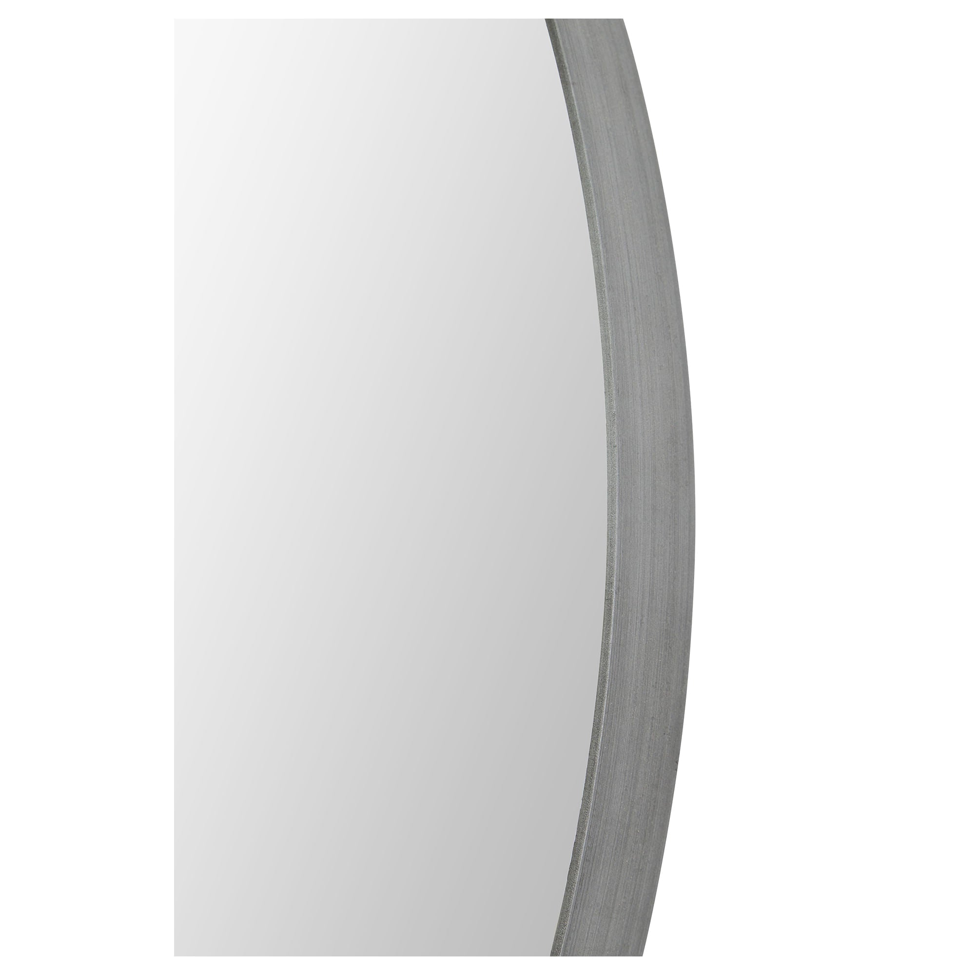 Lester mirror by Renwil, close-up view showcasing the curved edge and light gray frame.