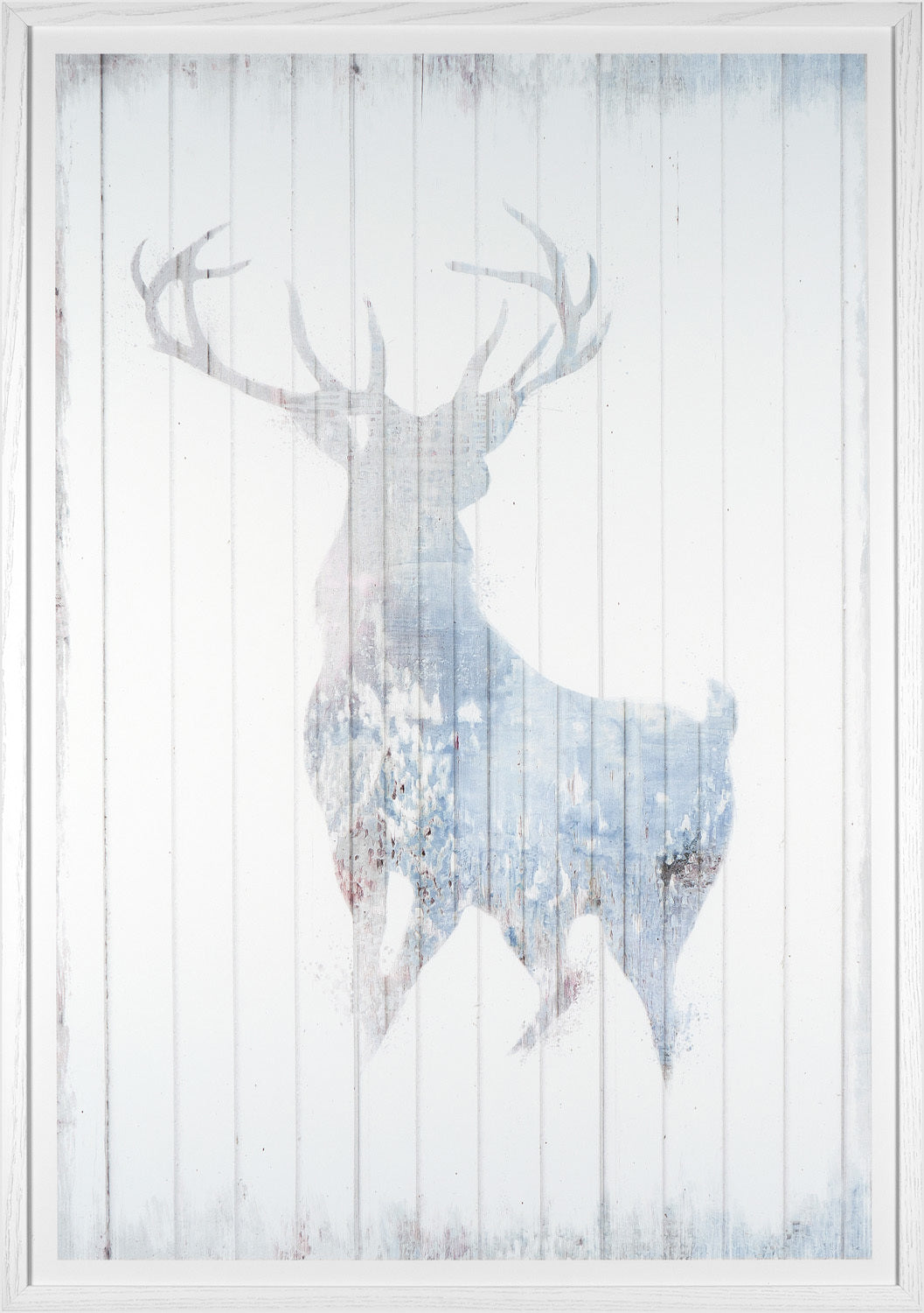 Majestic Pastel I wall art featuring a silhouette of a deer in soft blue tones on a white wooden background.