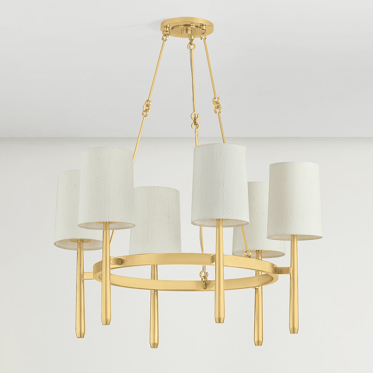 Bridgeton Chandelier 30" in aged brass shown from the front to reveal the frame, arms, and shade detail.