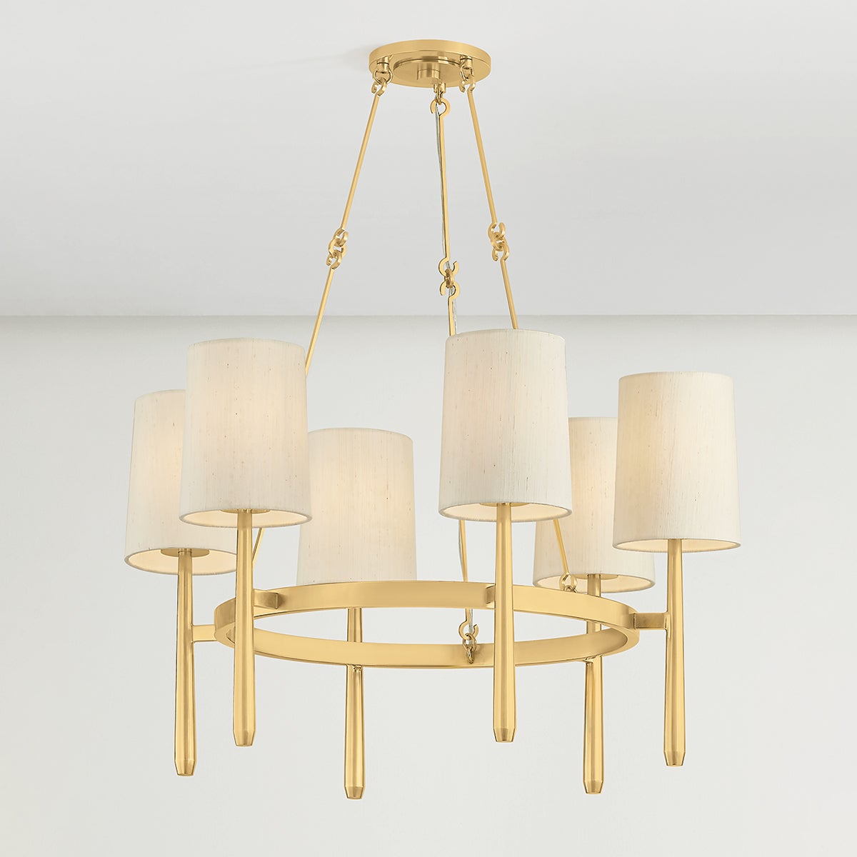 Close-up of the Bridgeton Chandelier 30" in aged brass showing the frame, arms, and shade detail.