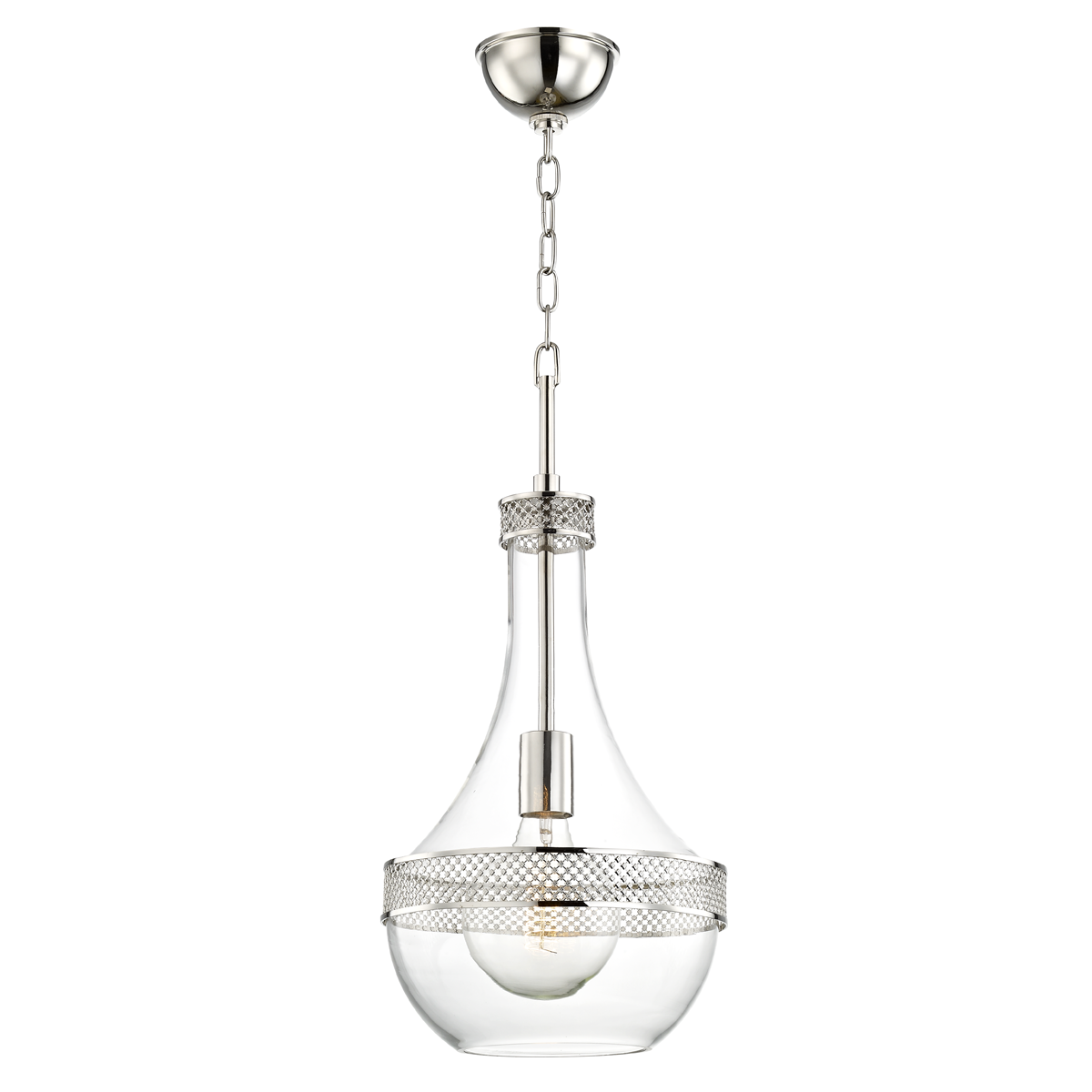 Hagen Pendant 10.5" in polished nickel shown from the front to reveal the shade shape and metal detail.