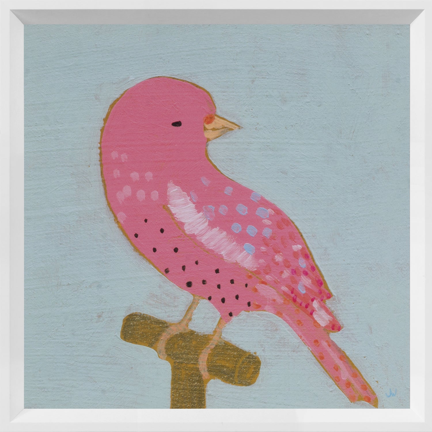 Bright Birds – Merry wall art featuring a pink bird on a light blue background