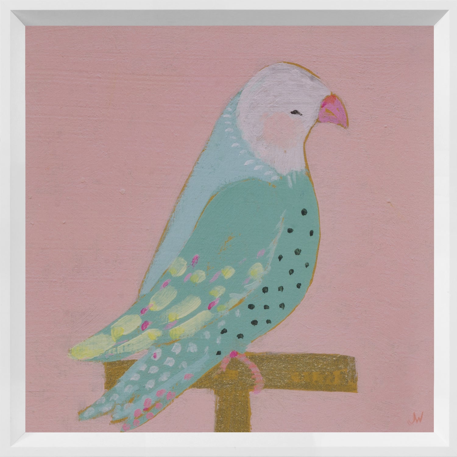 Bright Birds – Jubilant wall art featuring a colorful bird on a pink background.