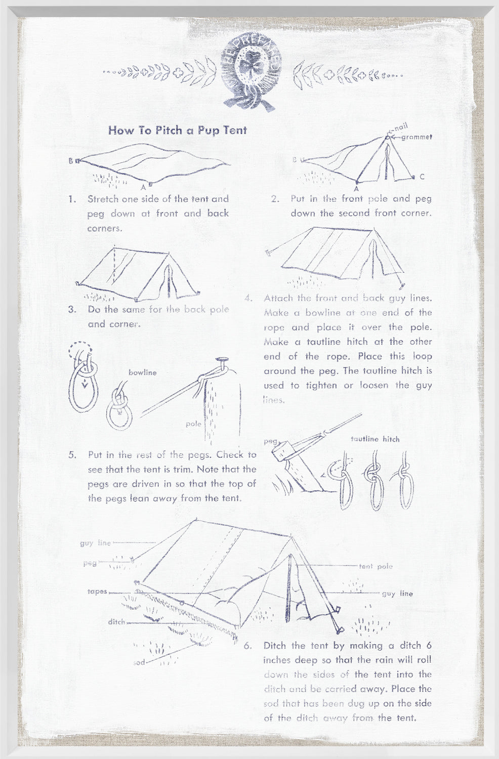 How to Pitch a Pup Tent instructional wall art featuring illustrated steps and text.