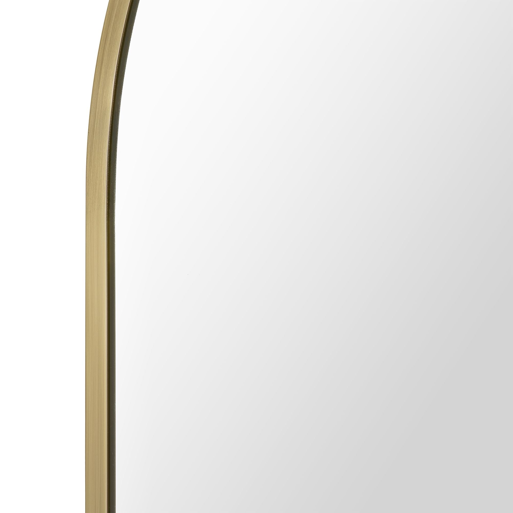 Close-up of Durness mirror's arched top, featuring a sleek gold frame and clear reflective surface.