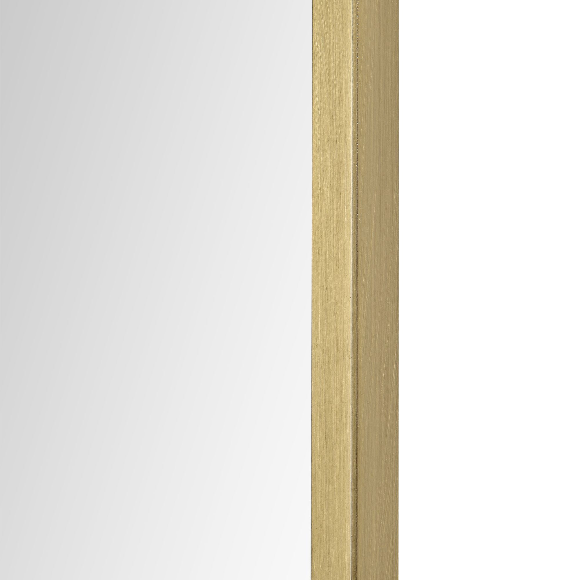 Detail view of Durness mirror's side, highlighting the brushed gold frame and smooth finish.