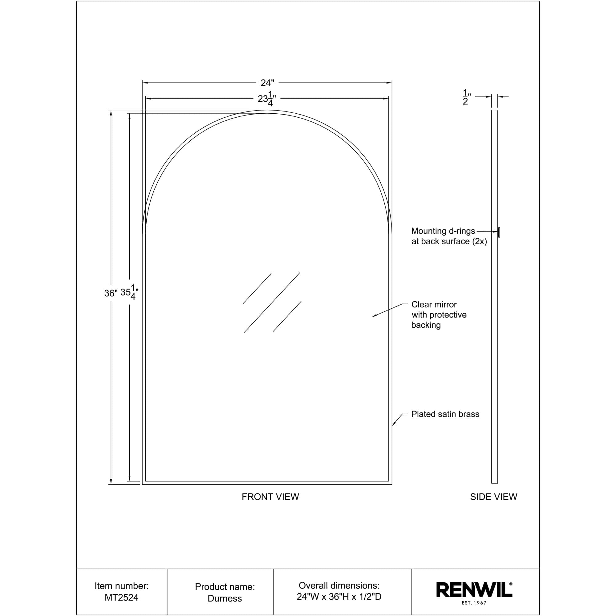 Diagram of Durness mirror with dimensions and features labeled, including mounting details.
