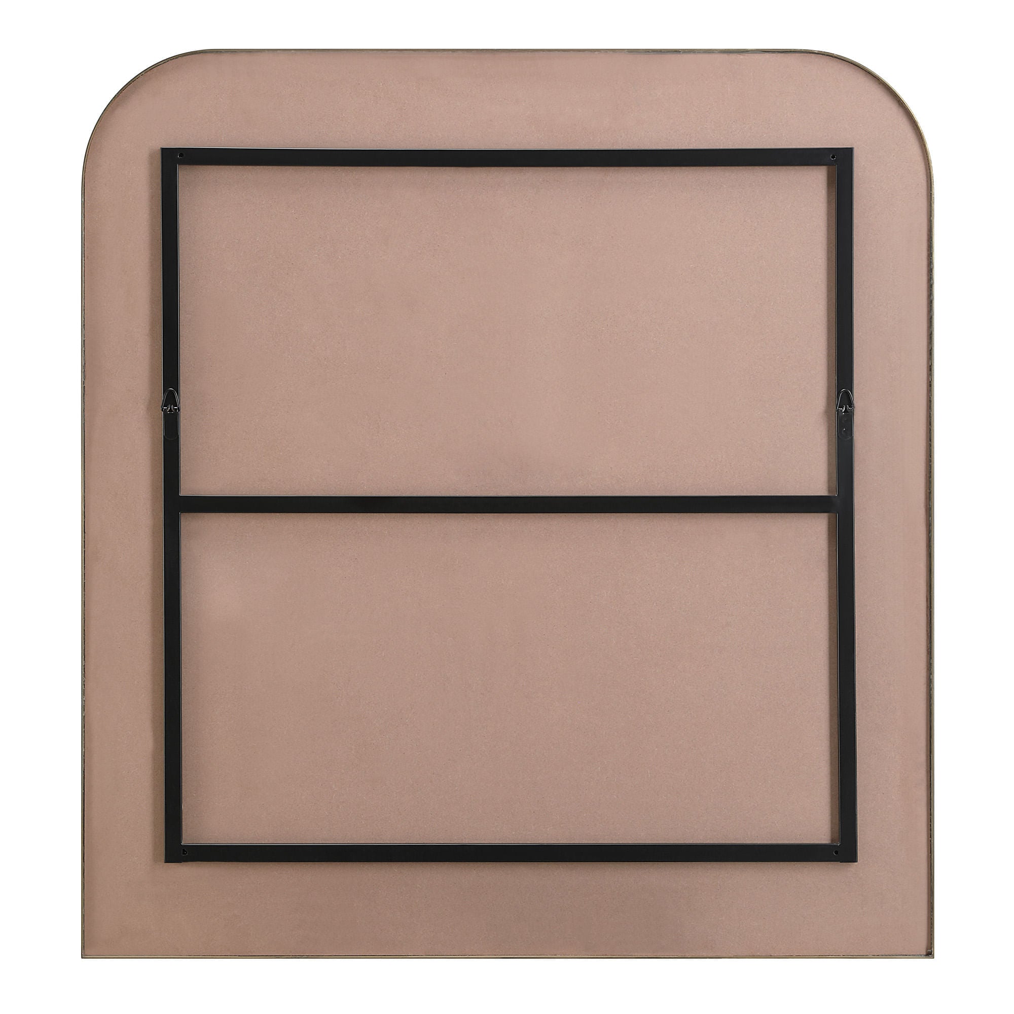 Back view of Joan mirror showing a pink backing and black mounting brackets.