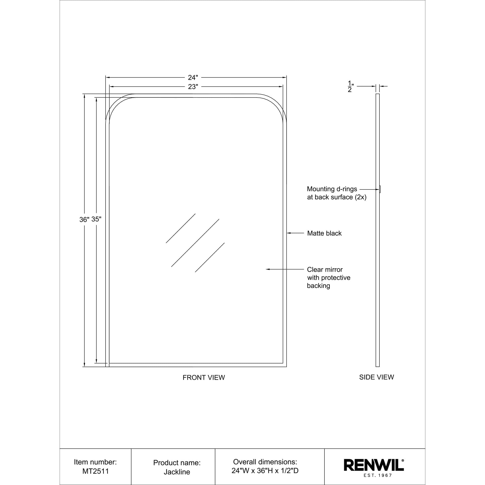 Diagram of Ammar mirror with dimensions and details, front and side views.