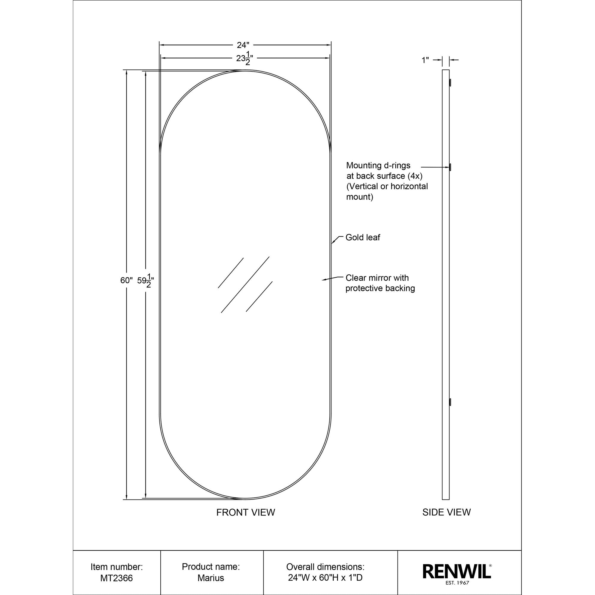 Diagram of Marius mirror by Renwil, detailing dimensions and features.