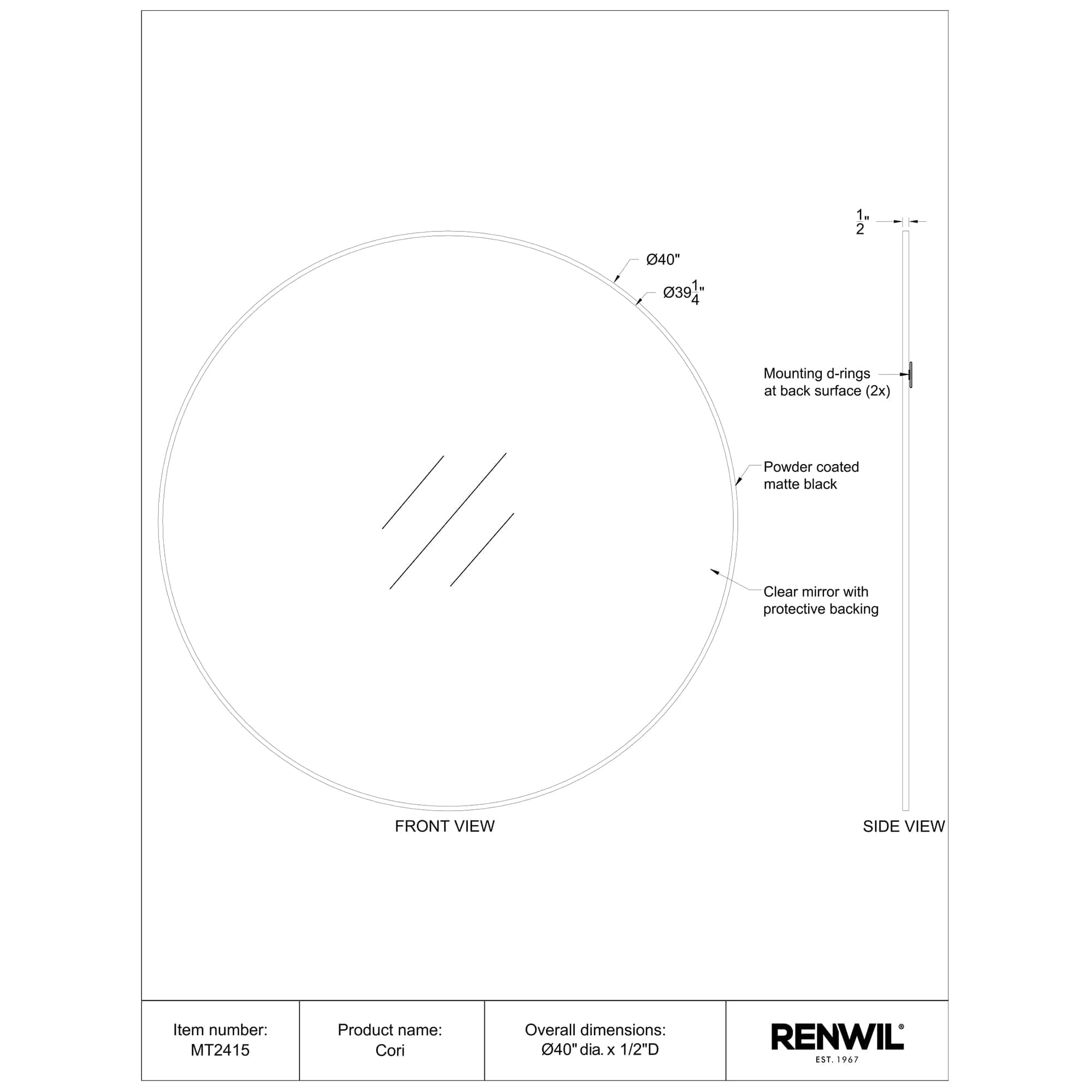 Cori mirror by Renwil, technical drawing displaying front and side views with dimensions.