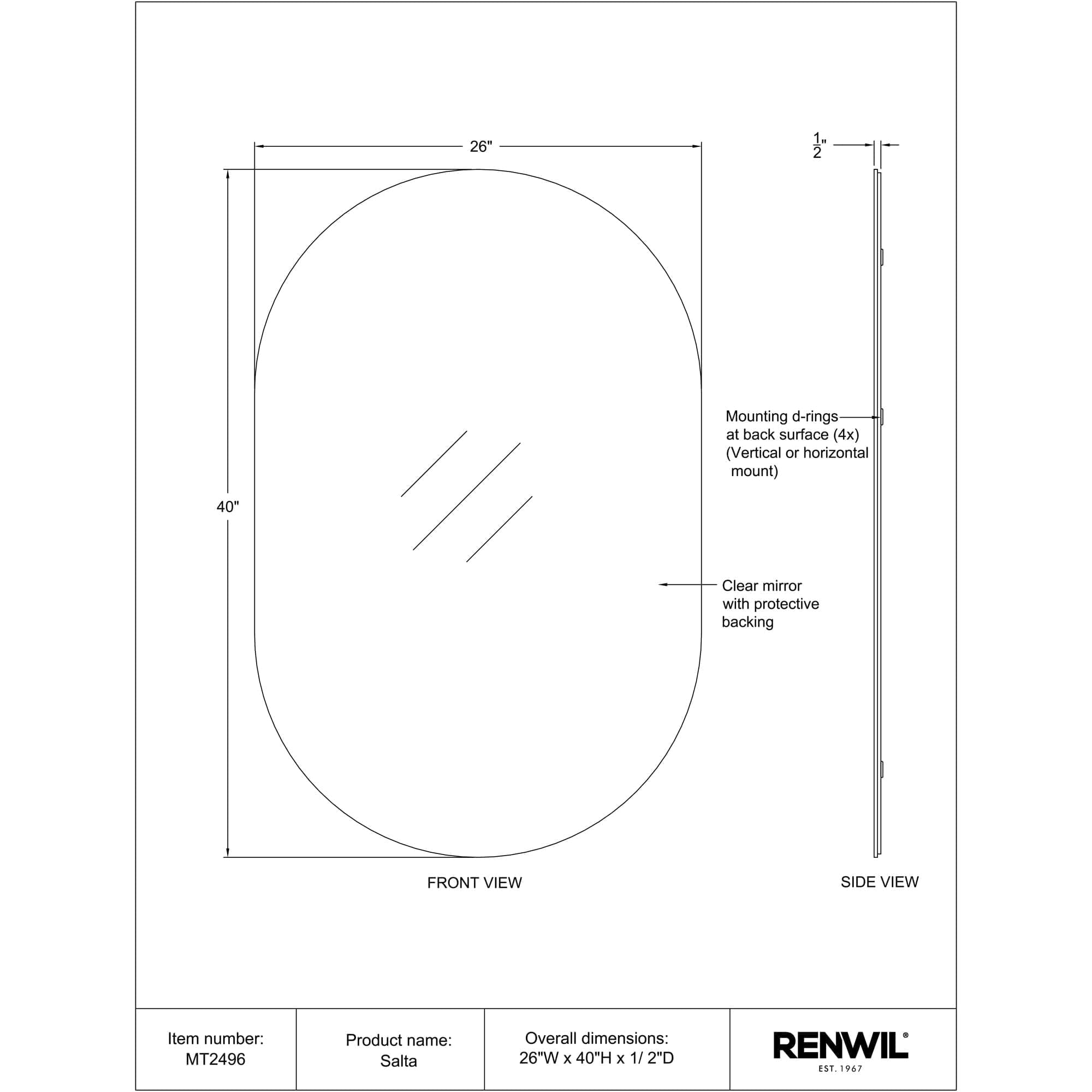 Diagram of Salta mirror by Renwil, illustrating front and side views with dimensions.