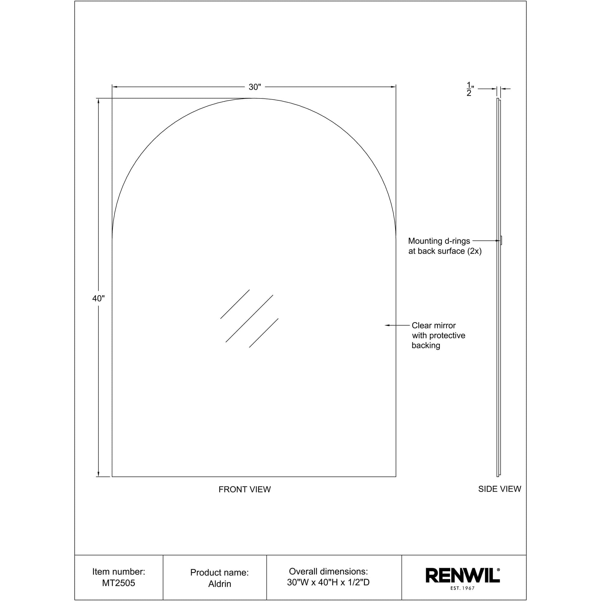 Diagram of Aldrin mirror showing front and side views with dimensions.