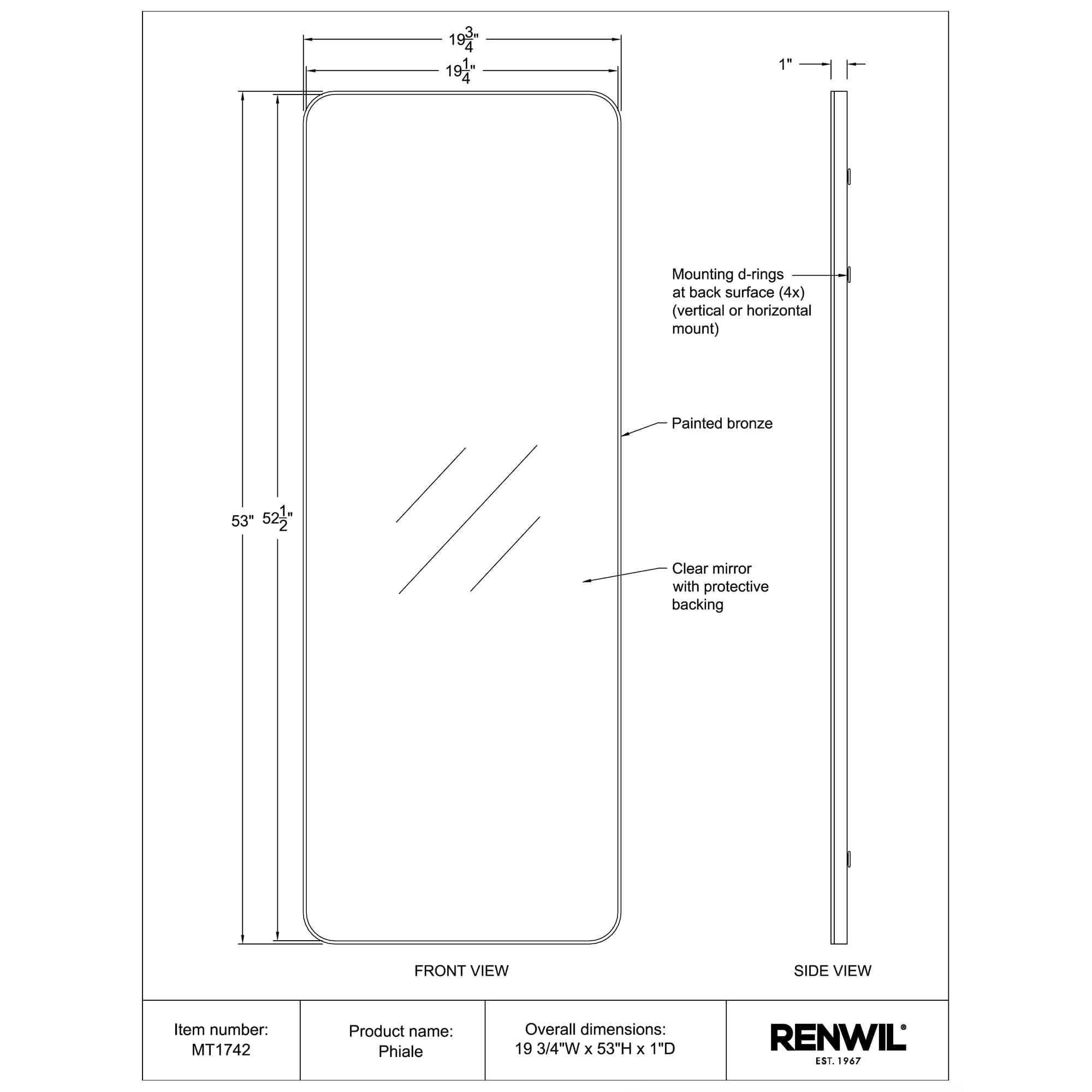 Diagram of Phiale mirror detailing dimensions and mounting instructions.