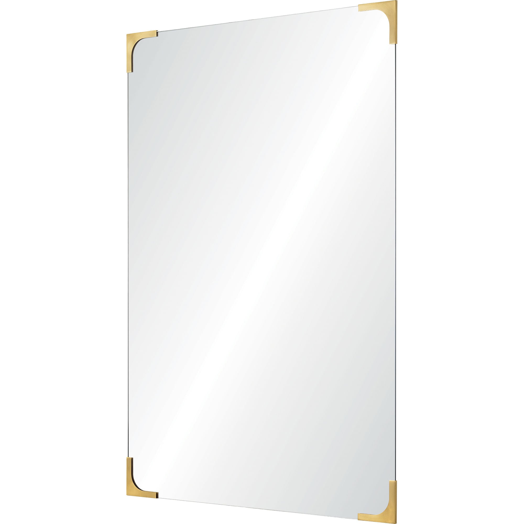 Eros mirror with polished brass corners, showcasing a clear reflective surface.