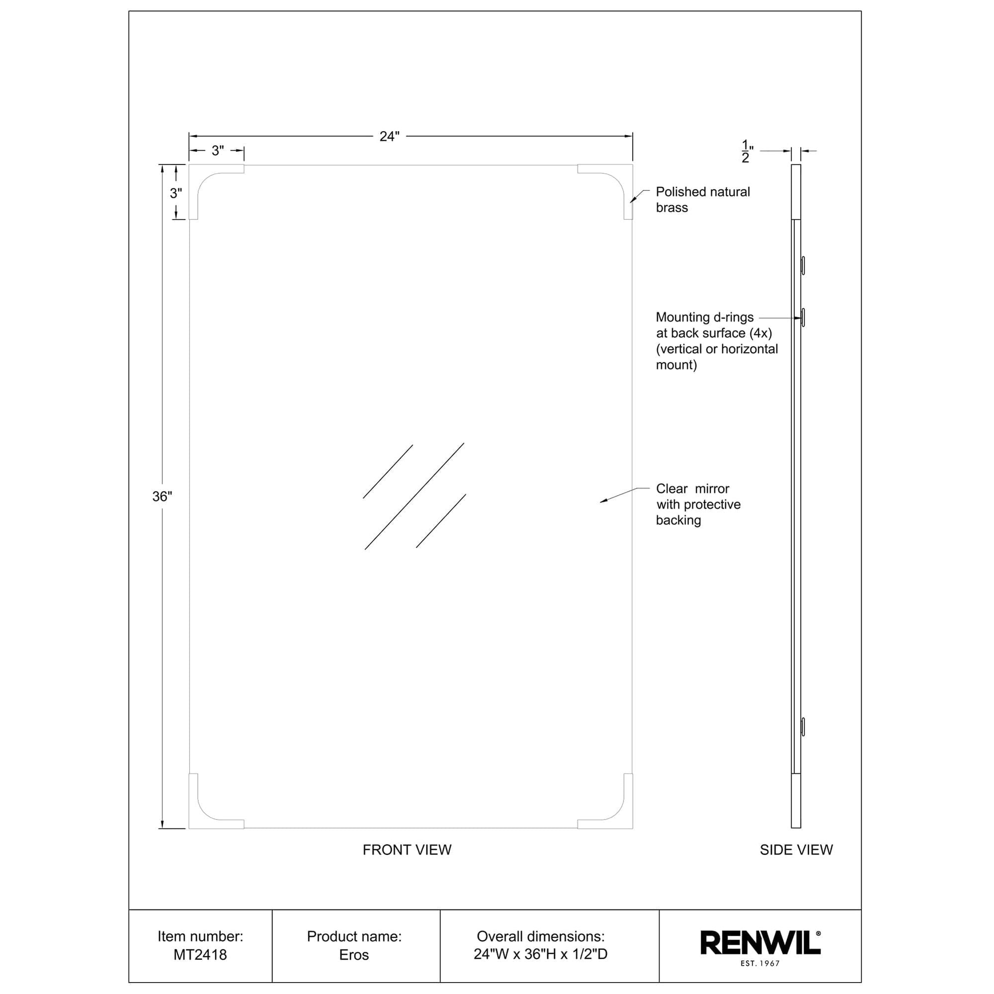 Eros mirror technical drawing showing front and side views with brass details.