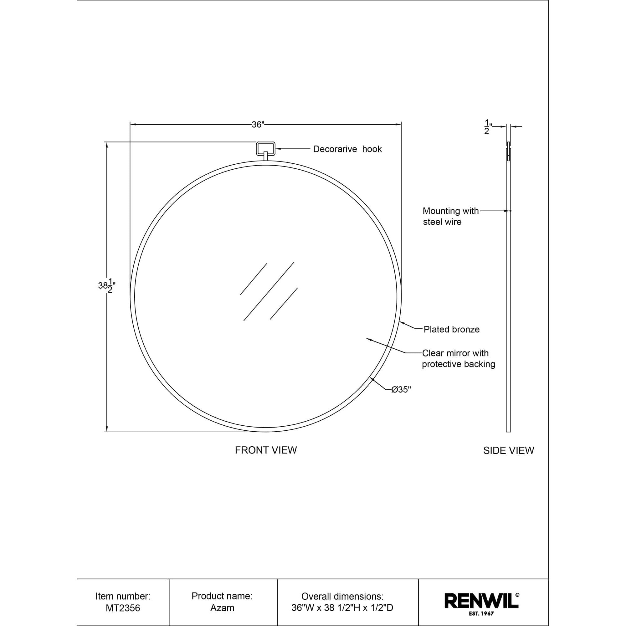 Diagram of the Azam mirror, illustrating front and side views with dimensions and details.