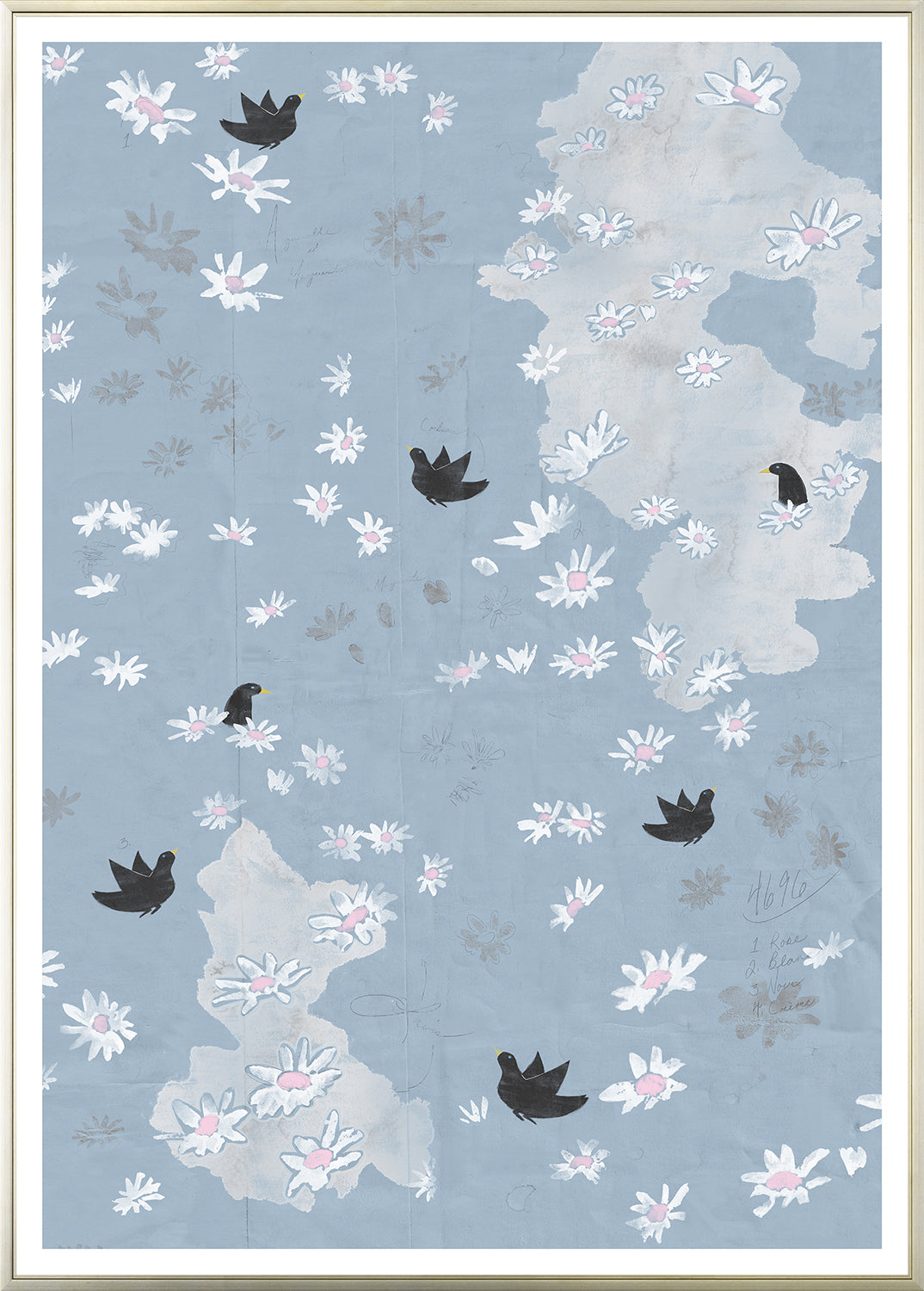 Oiseaux Noirs sur Blue wall art featuring black birds and white flowers on a soft blue background.