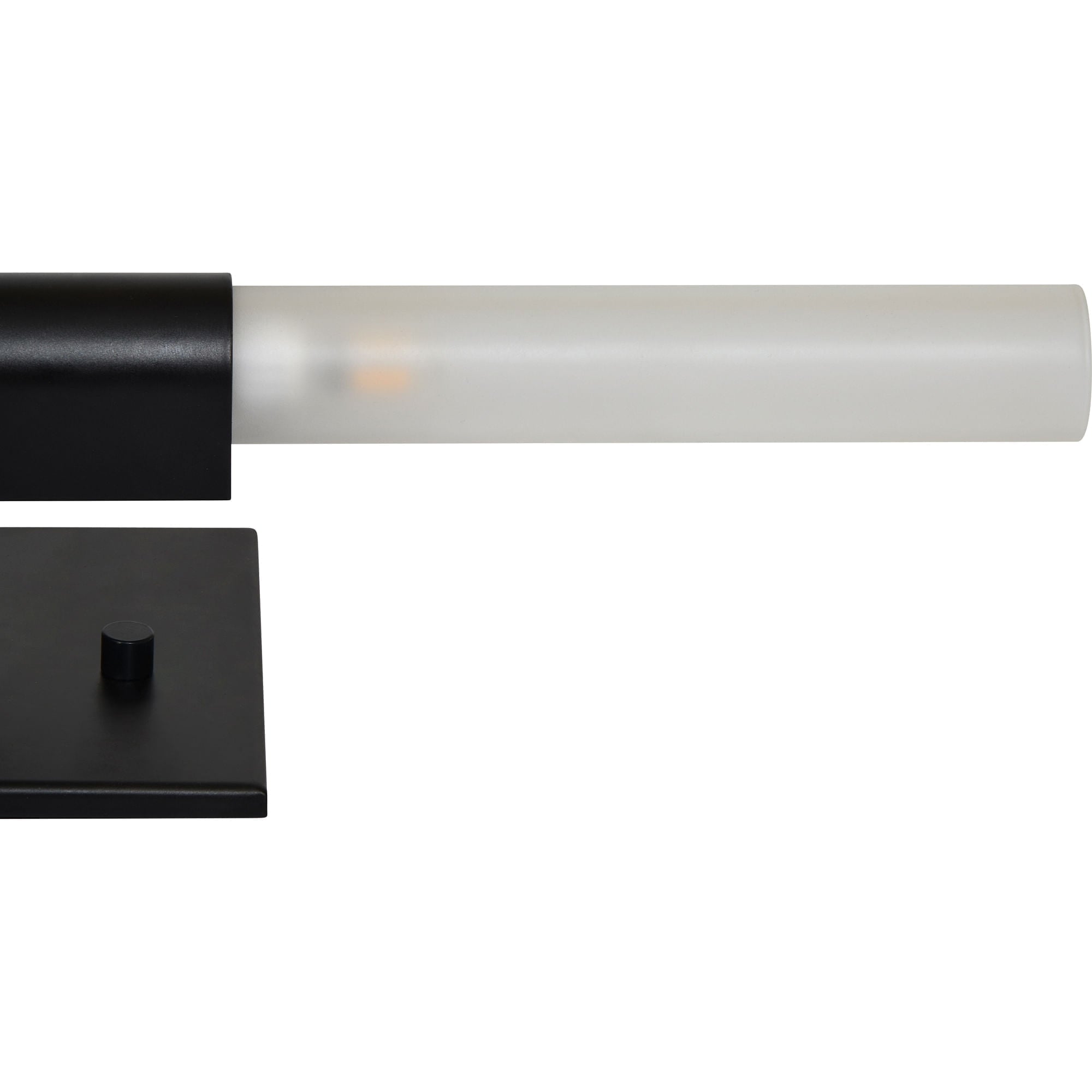 Lina wall sconce featuring a close-up view of the frosted glass tube and black base.