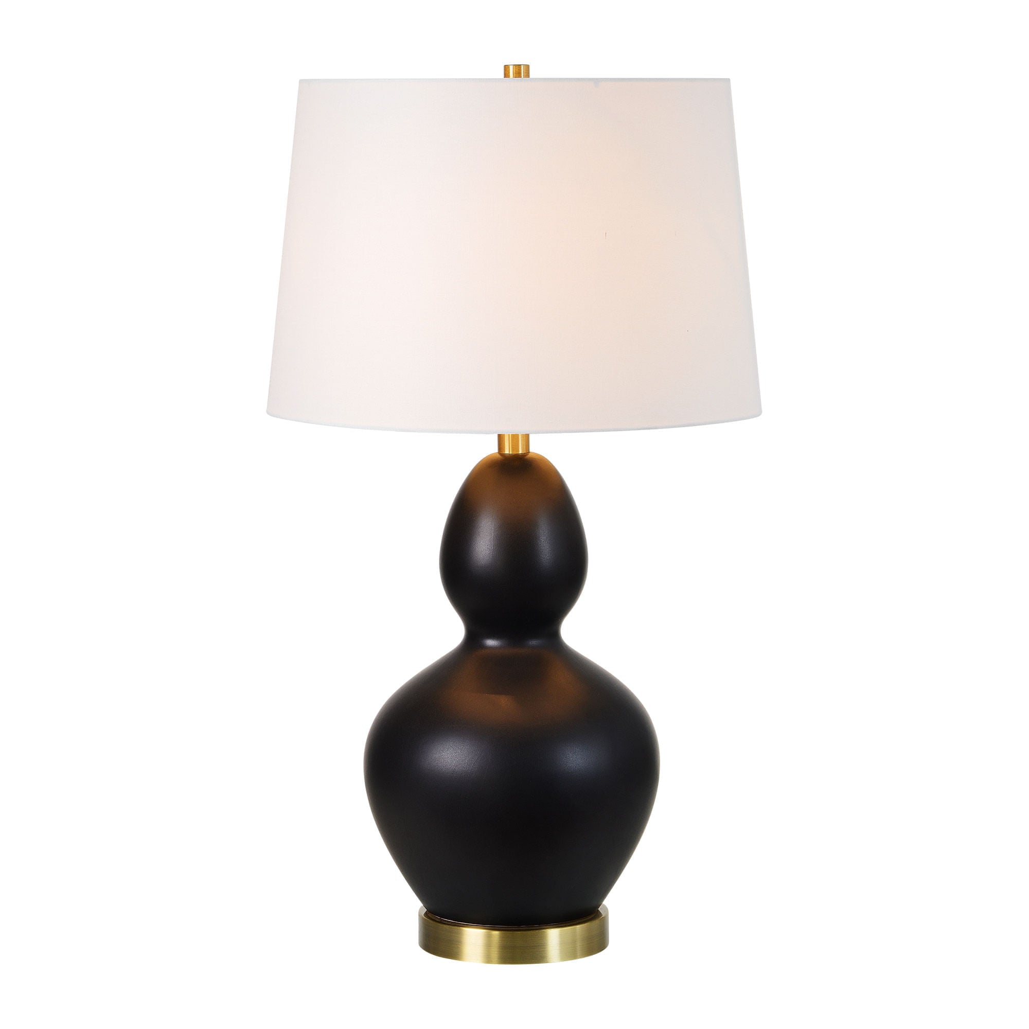 Kamilia Table Lamp Set showcasing a matte black finish and illuminated off-white shade.