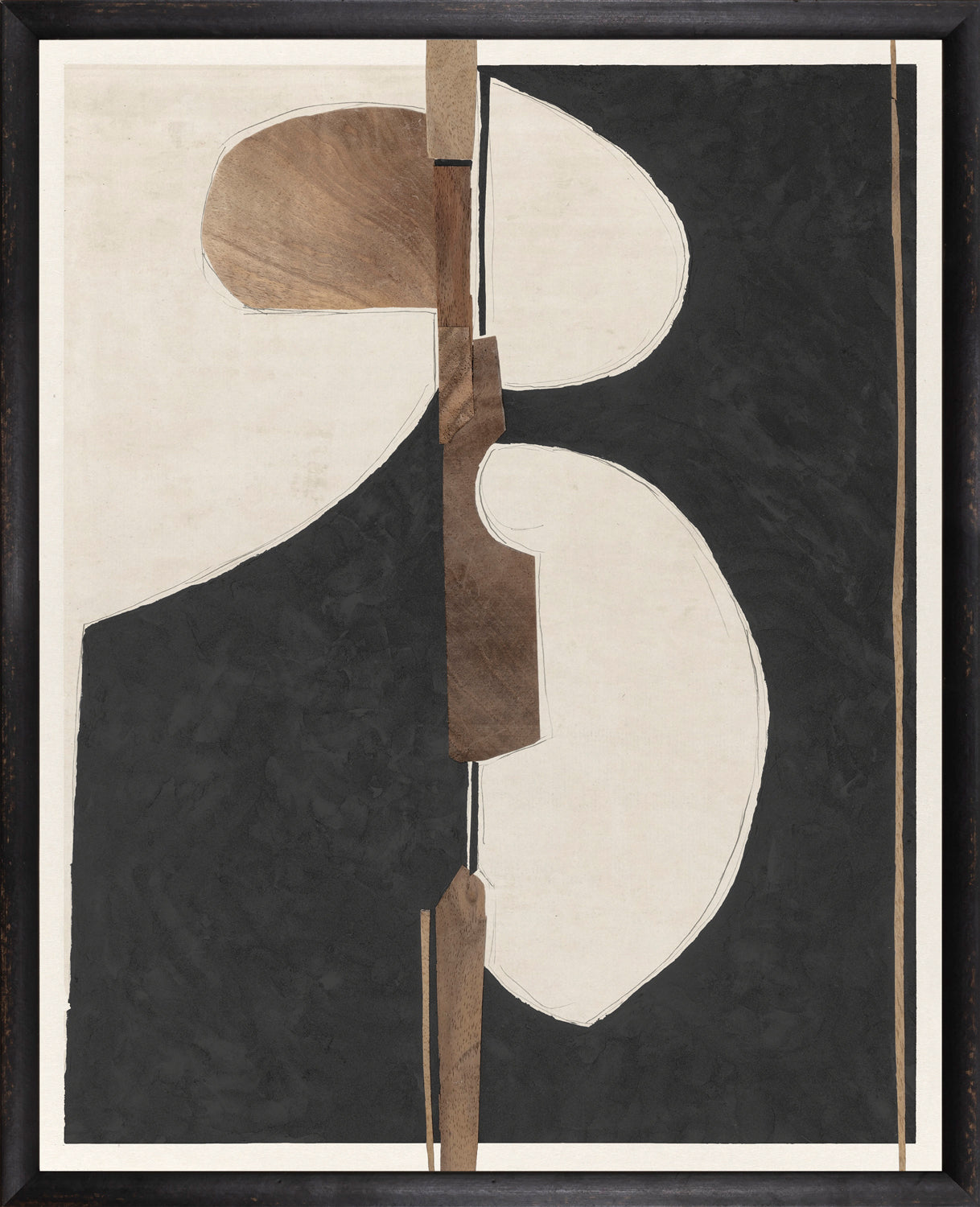 Contempo I wall art featuring abstract shapes in black, white, and wood tones, framed in black.