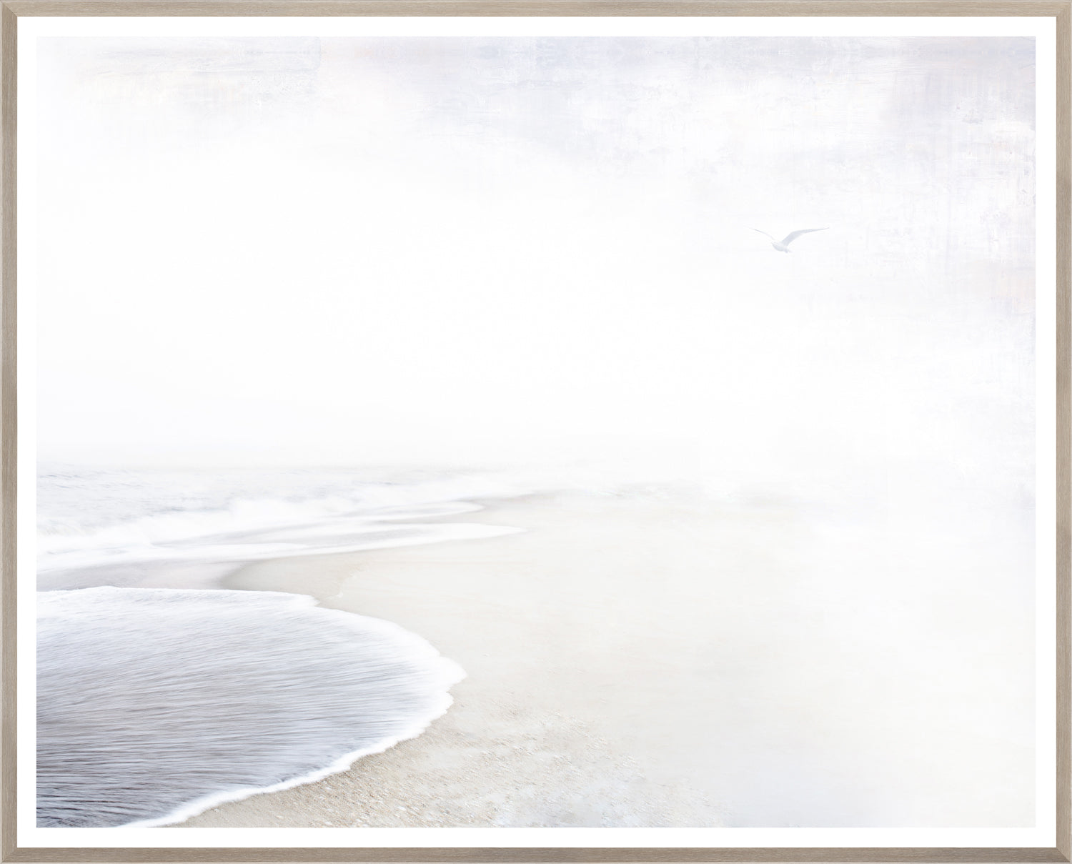 Receding Tide wall art featuring a serene beach scene with soft waves and a light sky.