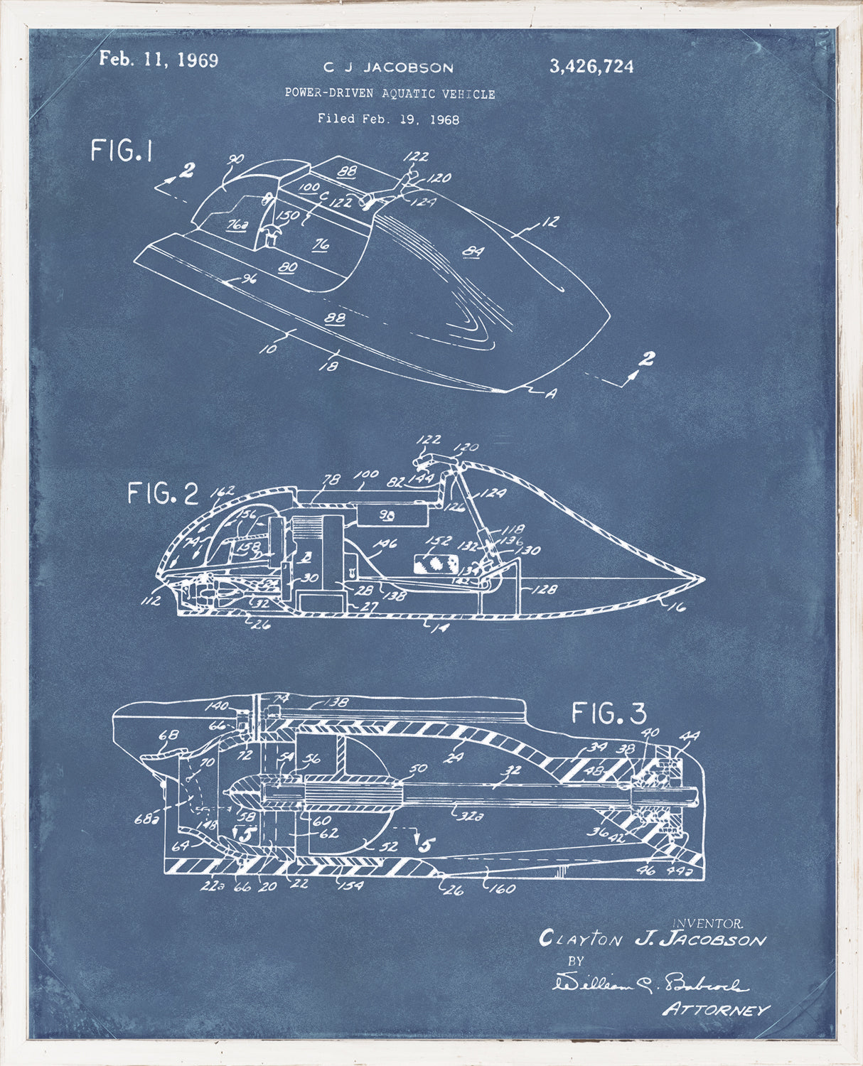 Patent drawing of a power-driven aquatic vehicle with blue background and white sketches.