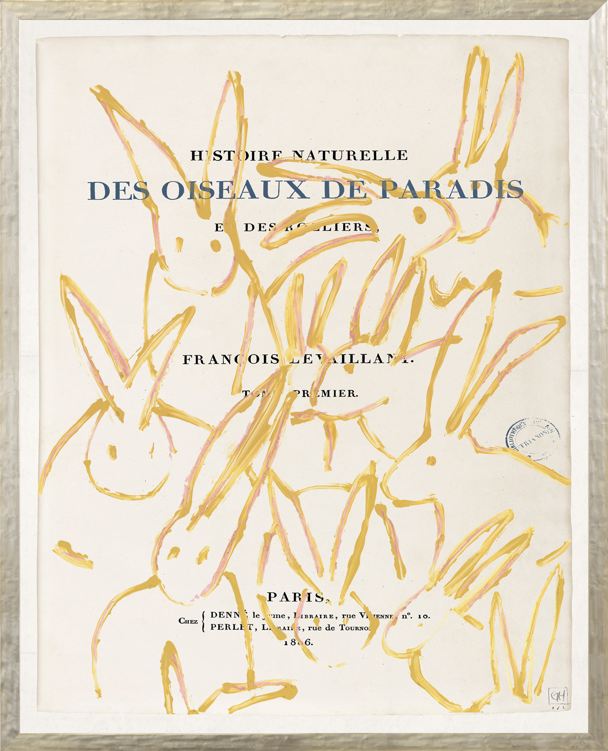 Parisienne Page XI wall art featuring playful yellow rabbits on a vintage book page