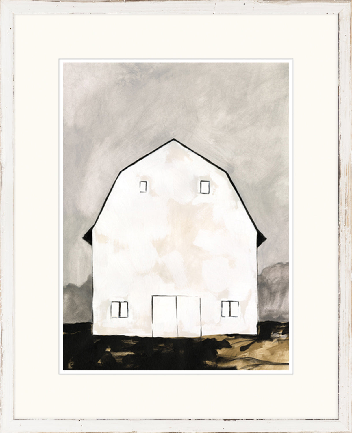 Farmhouse – Shelter wall art featuring a white barn against a gray background.