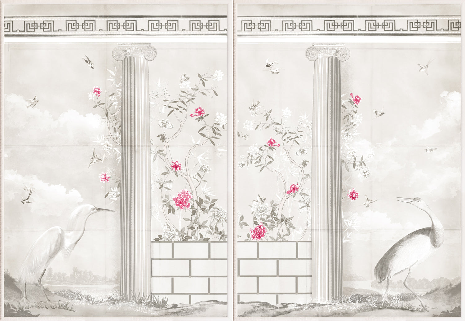 Greco-Roman Aviary Diptych featuring elegant birds, floral designs, and classical columns in soft colors.