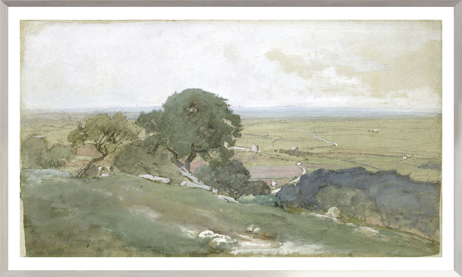 Olive Trees at Tivoli C. 1873 wall art featuring a serene landscape with trees and rolling hills.