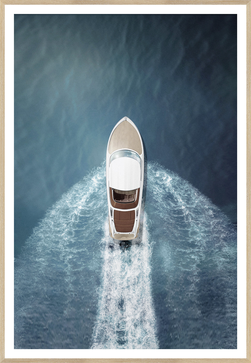 Speed Boat wall art featuring an aerial view of a sleek white boat on blue water.