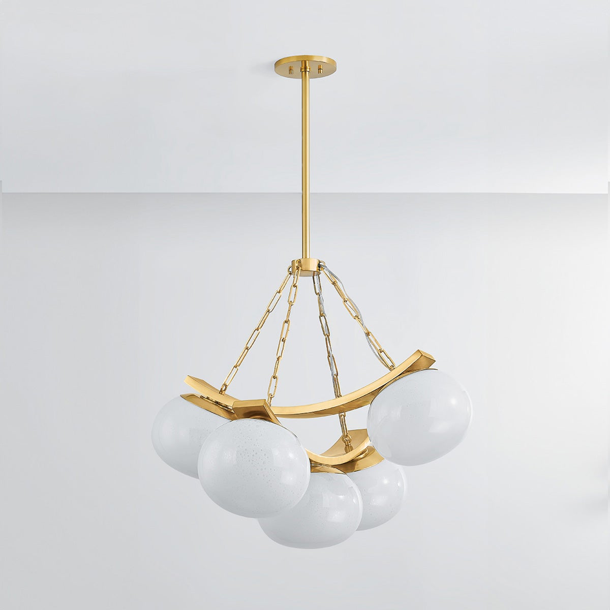 Duxbury Chandelier 31.75" in aged brass shown from the front to reveal the frame, arms, and shade detail.