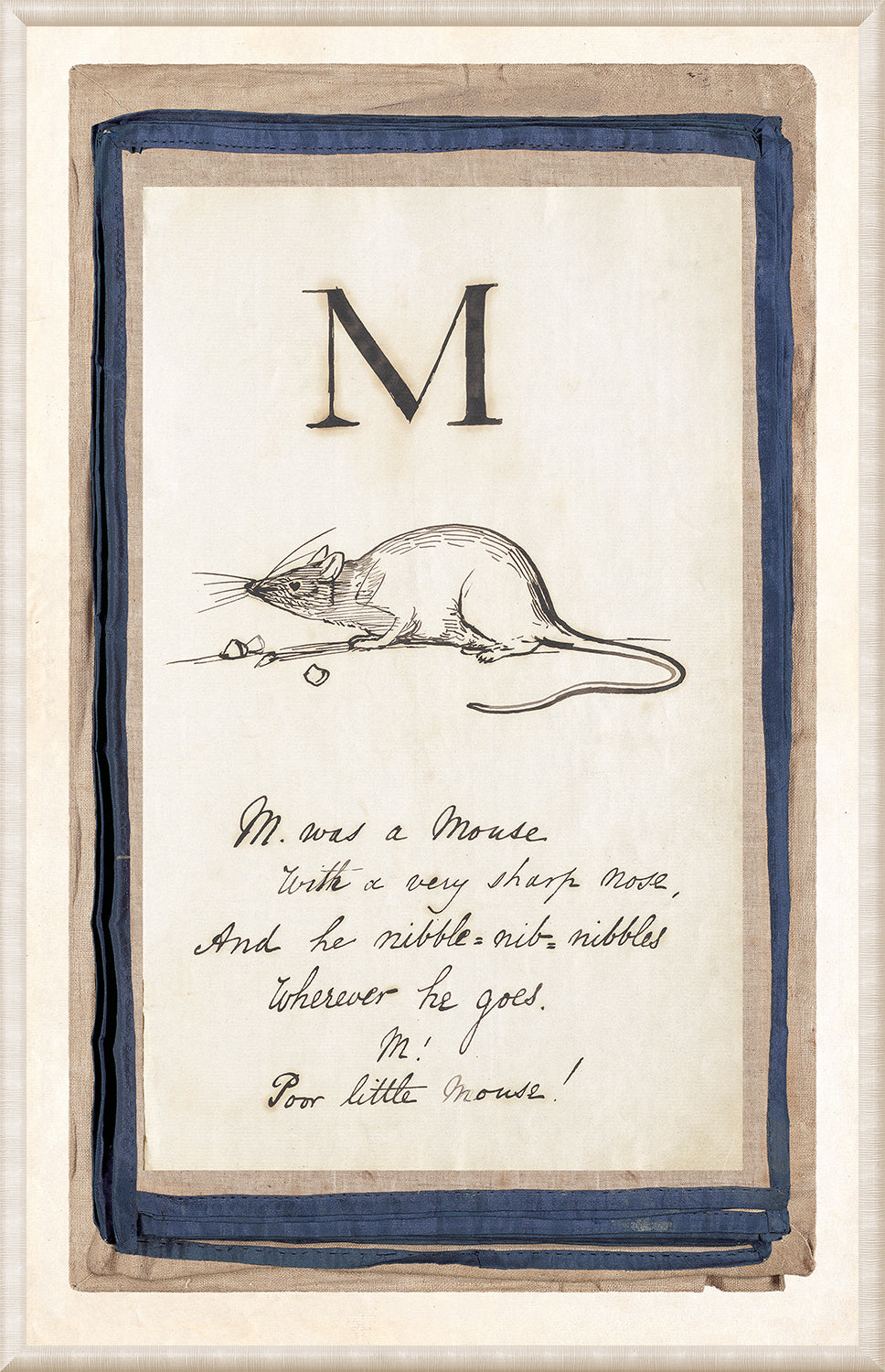 Edward’s Alphabet – M, C. 1857 wall art featuring a mouse illustration and handwritten text.